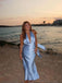 Blue V-Neck Spaghetti Strap Mermaid Satin Long Evening Prom Evening Dress,ZX224