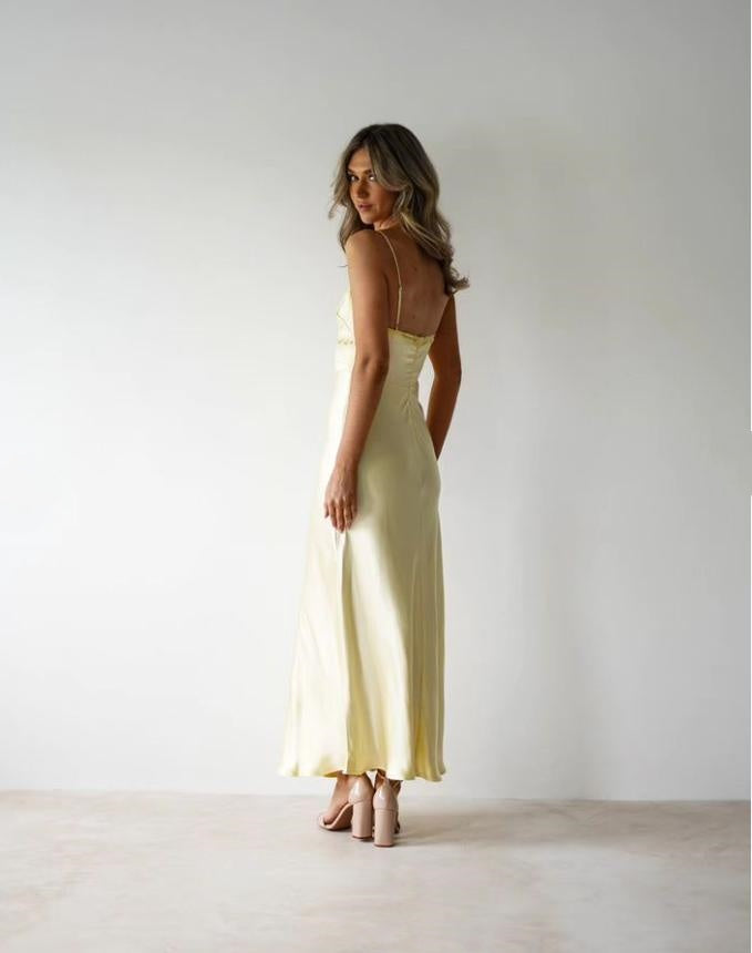 Simple Yellow Sweetheart Spaghetti Strap V-Neck Long Women Evening Prom Evening Dress,ZX242