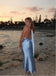 Blue V-Neck Spaghetti Strap Mermaid Satin Long Evening Prom Evening Dress,ZX224