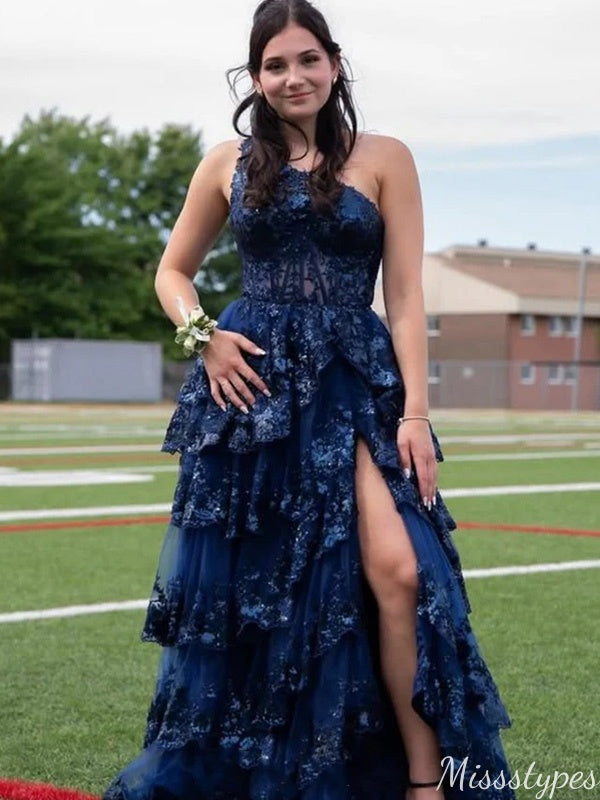 Elegant One-shoulder Lace A-line Long Prom Dress Ideas, Evening Party Dresses,ZX638