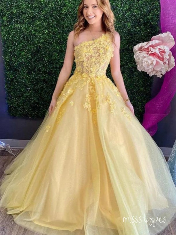 Women Pretty Yellow Appliqued One Shoulder A-Line Long Prom Evening Dress,ZX259