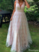 Gorgeous V-neck Notched Lace A-line Long Prom Dress Ideas, Evening Party Dresses,ZX641