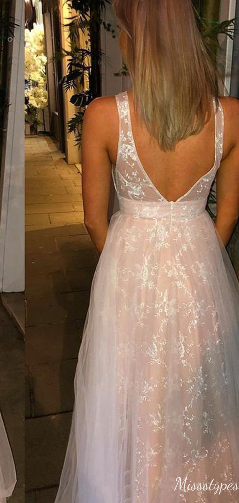 Gorgeous V-neck Notched Lace A-line Long Prom Dress Ideas, Evening Party Dresses,ZX641