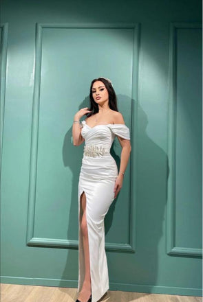 Elegant White Off Shoulder Beaded Side Slit Mermaid Long Prom Evening Dress,ZX310