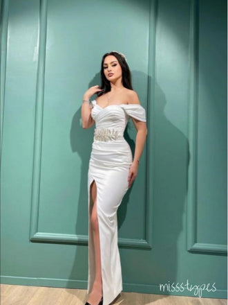 Elegant White Off Shoulder Beaded Side Slit Mermaid Long Prom Evening Dress,ZX310