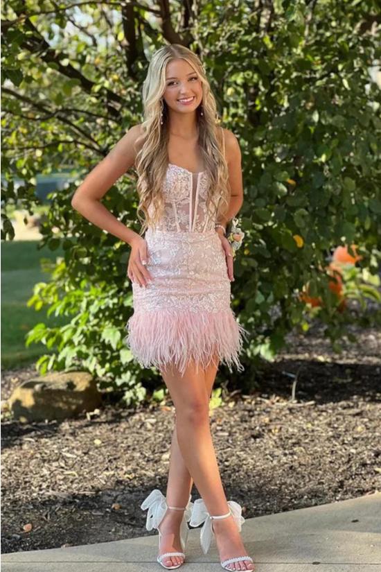 Sparkly Beading Feather See Through Pink Mini New Arrival Homecoming Dresses,HM163