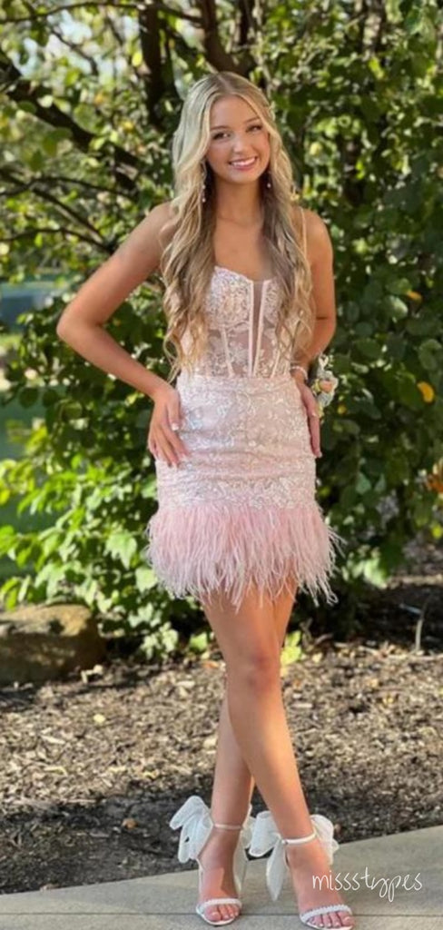 Sparkly Beading Feather See Through Pink Mini New Arrival Homecoming Dresses,HM163