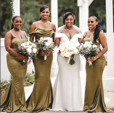 Mismatched Grass Green Satin Mermaid Women Floor-Length Bridesmaid Dresses Online, BL153