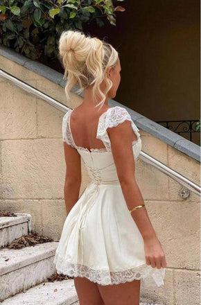 Cute Square Beige Cap Shoulder Lace A-Line Short Party Homecoming Dresses,HM191