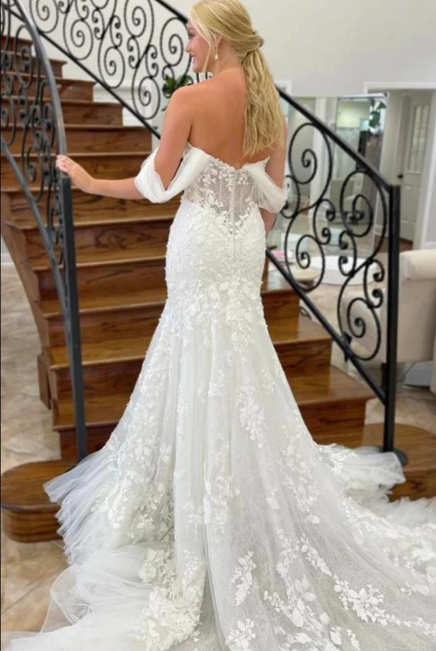 White Gorgeous Appliqued Lace With Trailing Off Shoulder Mermaid Fashion Wedding Dresses,HS87