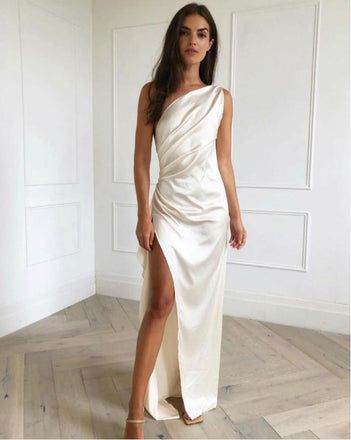 Sparkly Champagne One Shoulder Side Slit Long Prom Evening Dress,ZX272