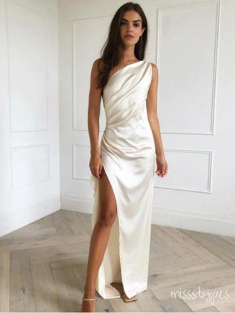 Sparkly Champagne One Shoulder Side Slit Long Prom Evening Dress,ZX272