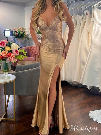 Sexy V-neck Spaghetti Strap Criss-Cross Beading Mermaid  Long Prom Dress Ideas, Evening Party Dresses,ZX518