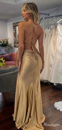 Sexy V-neck Spaghetti Strap Criss-Cross Beading Mermaid  Long Prom Dress Ideas, Evening Party Dresses,ZX518