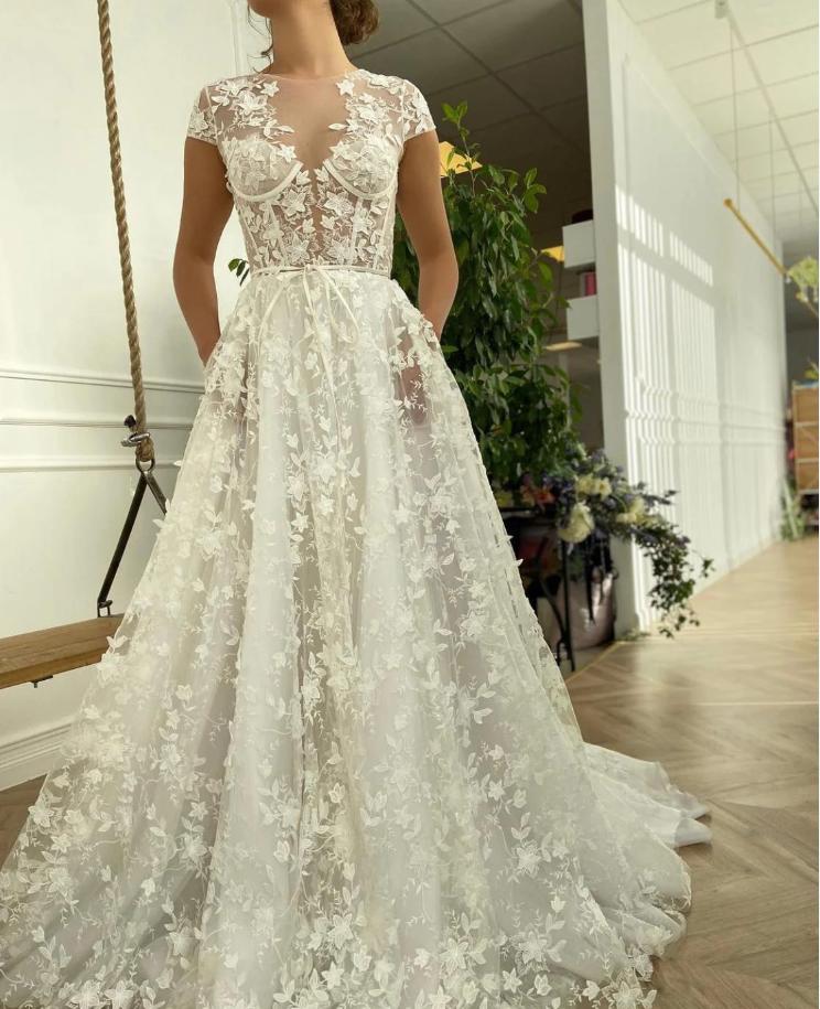 Elegant Yarn Tulle Empire White Appliqued A-Line Fashion Wedding Dresses,HS75