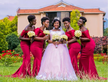 Cheap Hot Red Sexy Off Shoulder Tea-Length Mermaid Long Bridesmaid Dresses Online, BL141