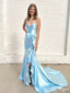 Women Blue Spaghetti Strap Pleat Sweetheart Backless Floor-Length Homecoming Dresses, HM02