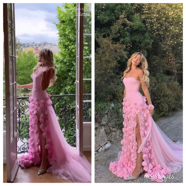 Sexy Sweetheart Hot-Pink Strapless Side Slit Tea-Length Mermaid Prom Dresses ZX29