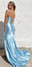 Women Blue Spaghetti Strap Pleat Sweetheart Backless Floor-Length Homecoming Dresses, HM02