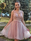 Pink Appliqued V-Neck A-Line Mini New Arrival Homecoming Dresses,HM184