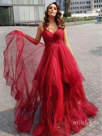Women Sexy Red Tulle Sweetheart Side Slit Long Prom Evening Dress,ZX299