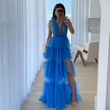Pretty Blue V-Neck Tulle Spaghetti Strap Side Slit Long Prom Evening Dress,ZX366