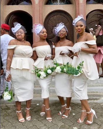 White Elegant Off Shoulder Sheath Tea-Length Bridesmaid Dresses Online, BL67