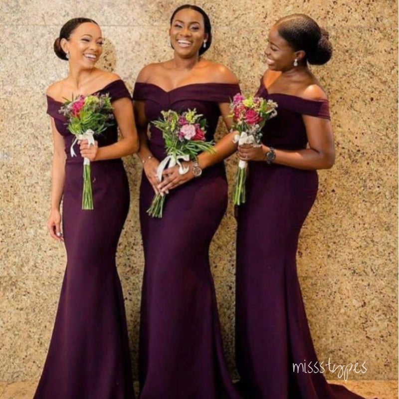 Elegant Grape Off Shoulder Mermaid Satin Floor-Length Bridesmaid Dresses Online, BL174