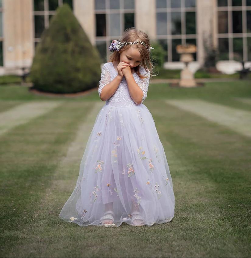 Cute Half Sleeve Floor-Length Flower Appliqued Tulle A-Line Princess Cute Little Flower Girl Dresses, ET62