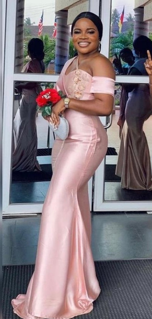 Pink Appliqued Beaded One Shoulder Satin Mermaid Women Floor-Length Bridesmaid Dresses Online, BL167