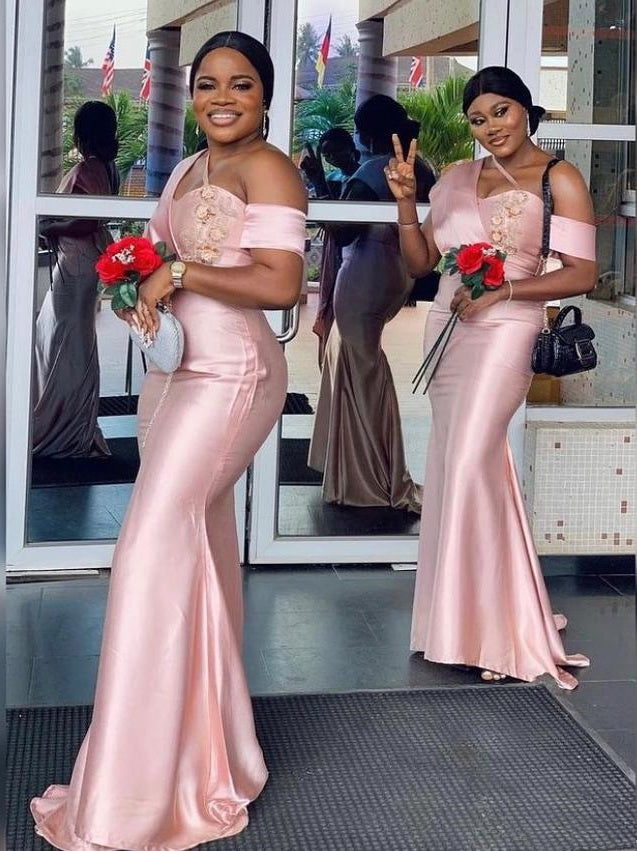 Pink Appliqued Beaded One Shoulder Satin Mermaid Women Floor-Length Bridesmaid Dresses Online, BL167