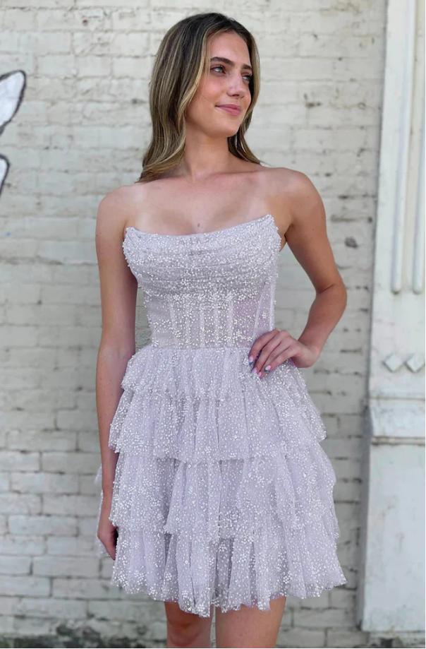 Purple Pretty Women Ruffle Strapless Mini New Arrival Homecoming Dresses,HM159