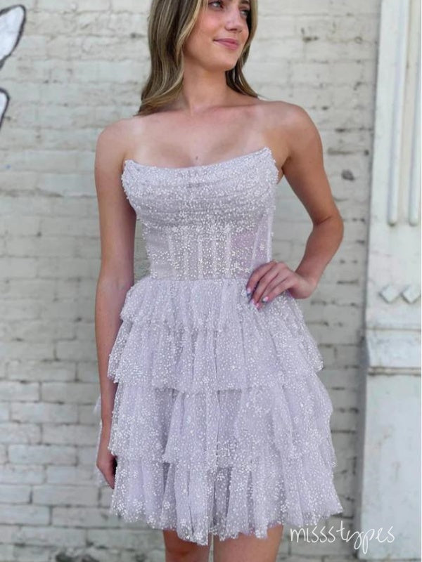 Purple Pretty Women Ruffle Strapless Mini New Arrival Homecoming Dresses,HM159