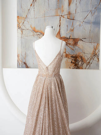 Women Champagne Spaghetti Strap Sweetheart Appliqued A-Line Pleat Prom Dresses,ZX75