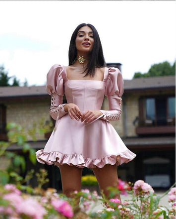 Luxurious New Popular Pink Full Sleeve Ruffle Mini New Arrival Homecoming Dresses,HM140