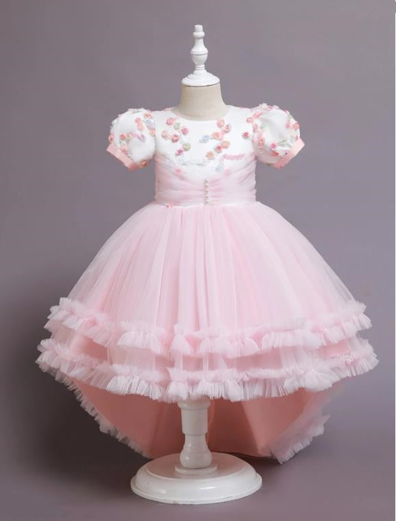 Trendy Blushing Pink Tulle High Low Princess Appliqued Little Flower Girl Dresses, ET57