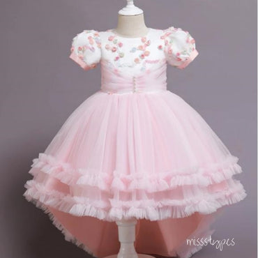 Trendy Blushing Pink Tulle High Low Princess Appliqued Little Flower Girl Dresses, ET57