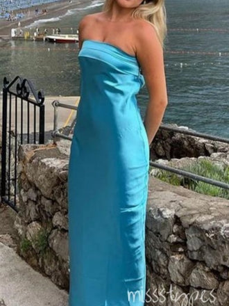 Simple Deep Blue Strapless Mermaid Satin Long Evening Prom Evening Dress,ZX225