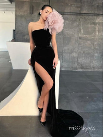 Black Pretty Strapless Flower Side Slit Long Prom Evening Dress,ZX262