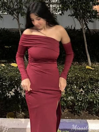 Elegant One-shoulder Long Sleeve Sheath Long Prom Dress Ideas, Evening Party Dresses,ZX665