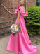 Rose Red Ruffle V-Neck Long Front Slit Satin Evening Prom Evening Dress,ZX205