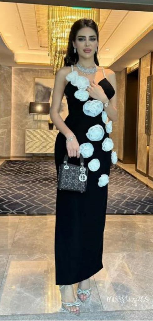 Black Vintage Spaghetti Strap White Flower Tea-Length Mermaid Long Prom Evening Dress,ZX278