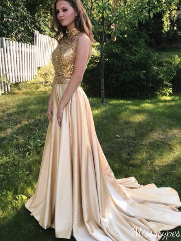 Formal Halter Open-back A-line Long Prom Dress Ideas, Evening Party Dresses,ZX669