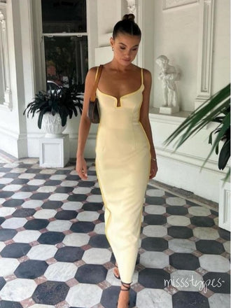 Yellow Unique Women Spaghetti Strap Tea-Length Mermaid Long Prom Evening Dress,ZX280