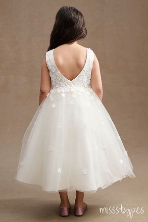 Beautiful Off-White Appliqued A-Line Tulle Long Little Flower Girl Dresses, ET20