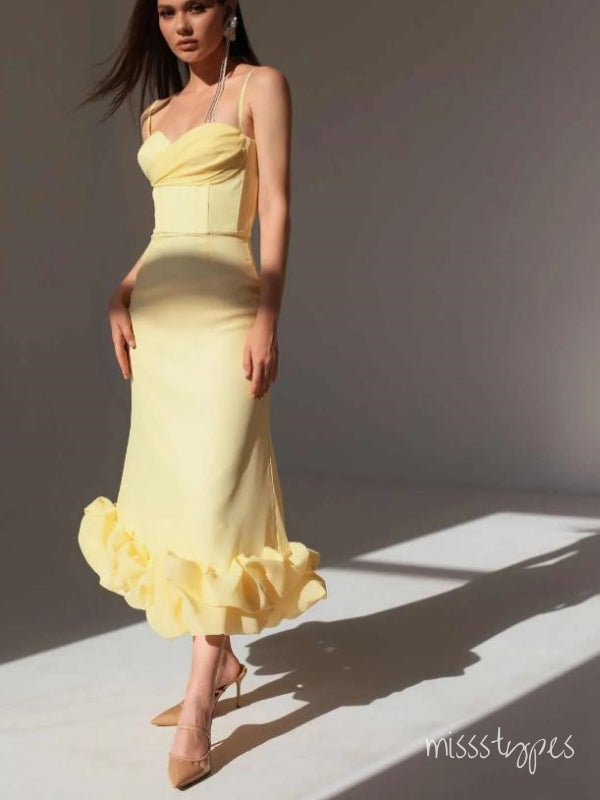 New Arrival Lemon Yellow Tea-Length Ruffle Prom Evening Dress,ZX193