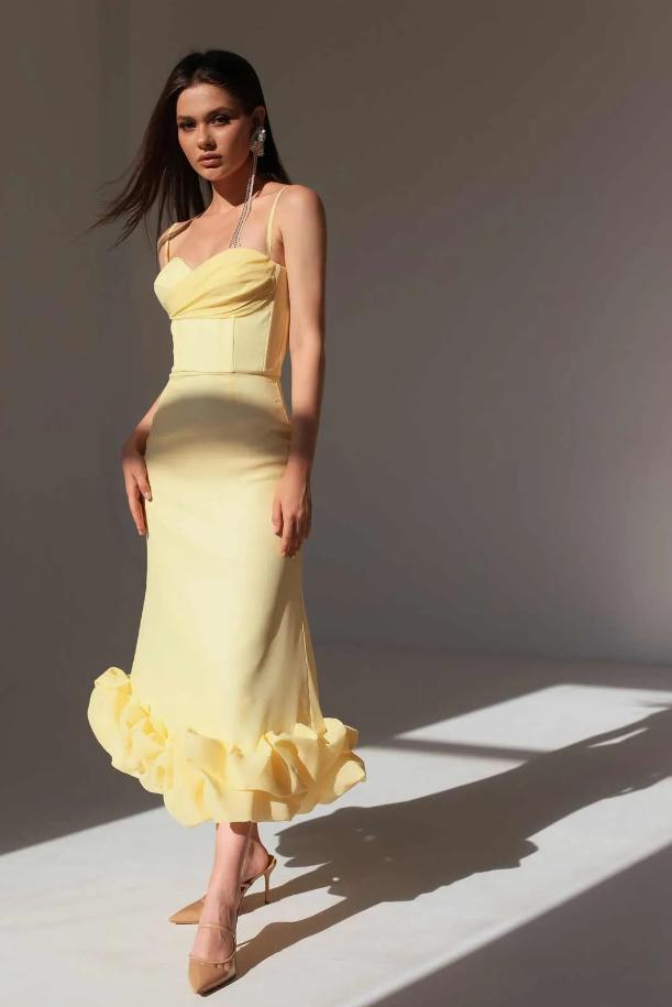 New Arrival Lemon Yellow Tea-Length Ruffle Prom Evening Dress,ZX193