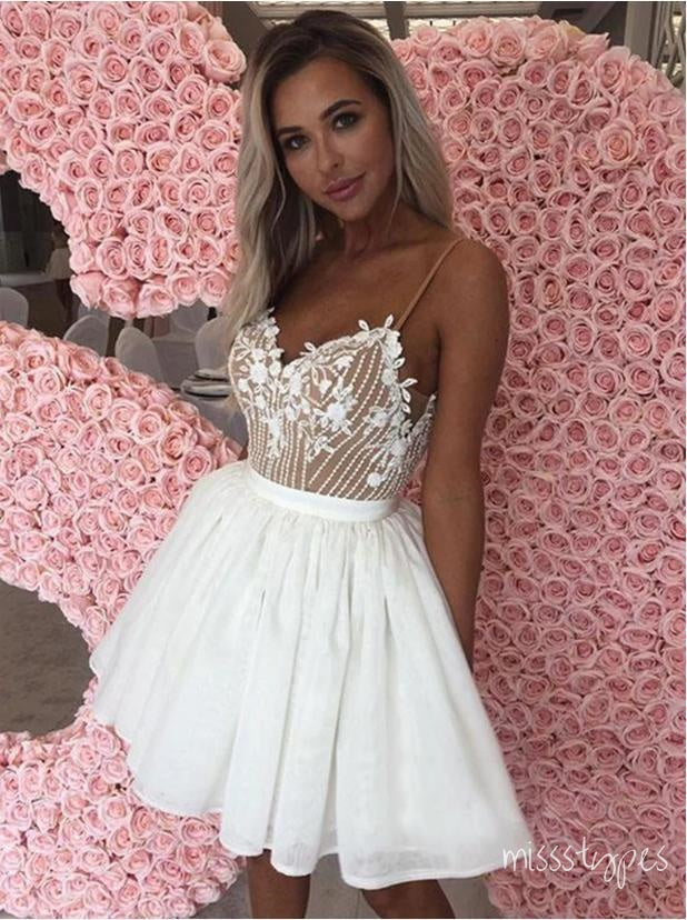 White Tulle A-Line Appliqued Lace Spaghetti Strap Mini Party Homecoming Dresses,HM205