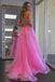 Beautiful Pink Criss-Cross Appliqued Side Slit Tulle Long Prom Evening Dress,ZX257