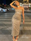 Glamorous Champagne Spaghetti Strap Tea-Length Long Prom Evening Dress,ZX354